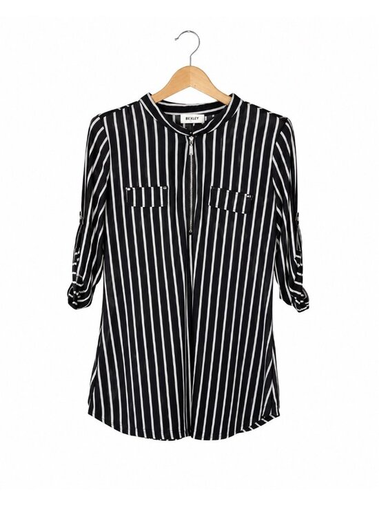 Bexley Tops - Black & White Striped Zip-Front Blouse With Roll-Tab Sleeves Collared Design And